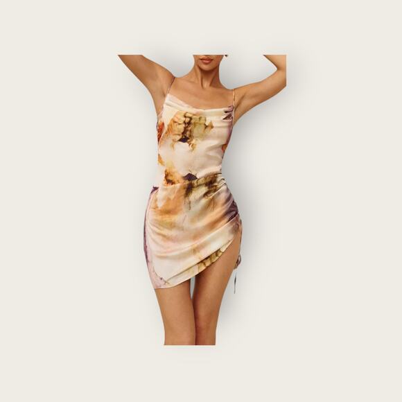 Micas Watercolor Print Ruched Satin Mini Dress – Size XL (NWT) - Picture 3 of 6